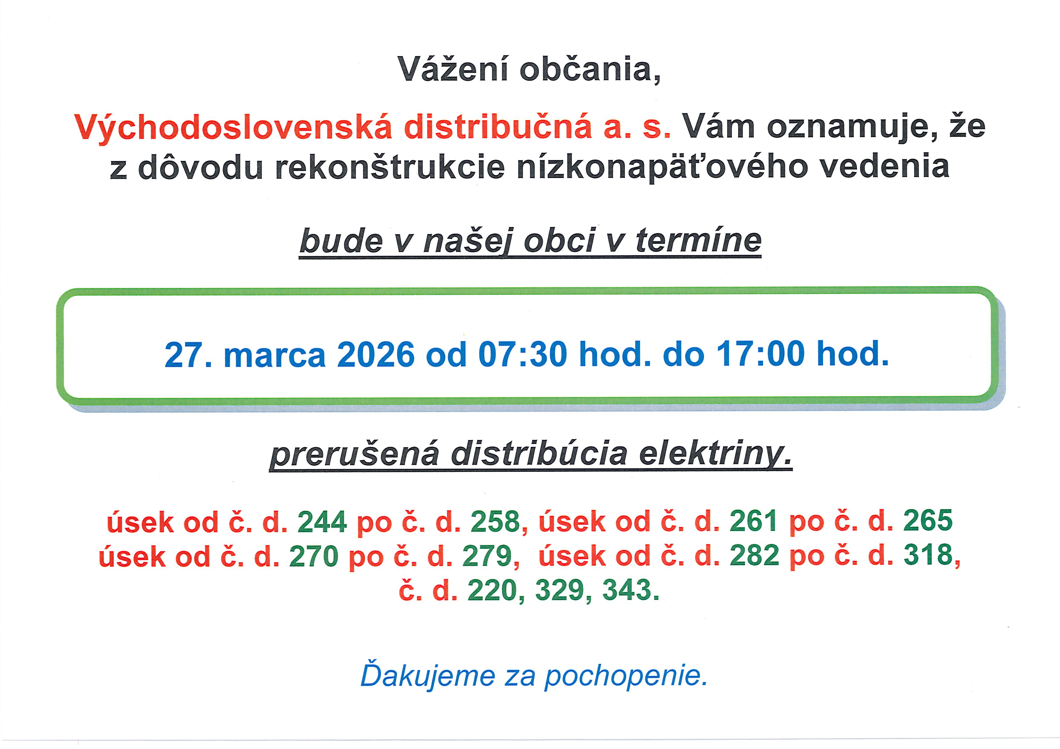 Oznam o prerušení distribúcie elektriny