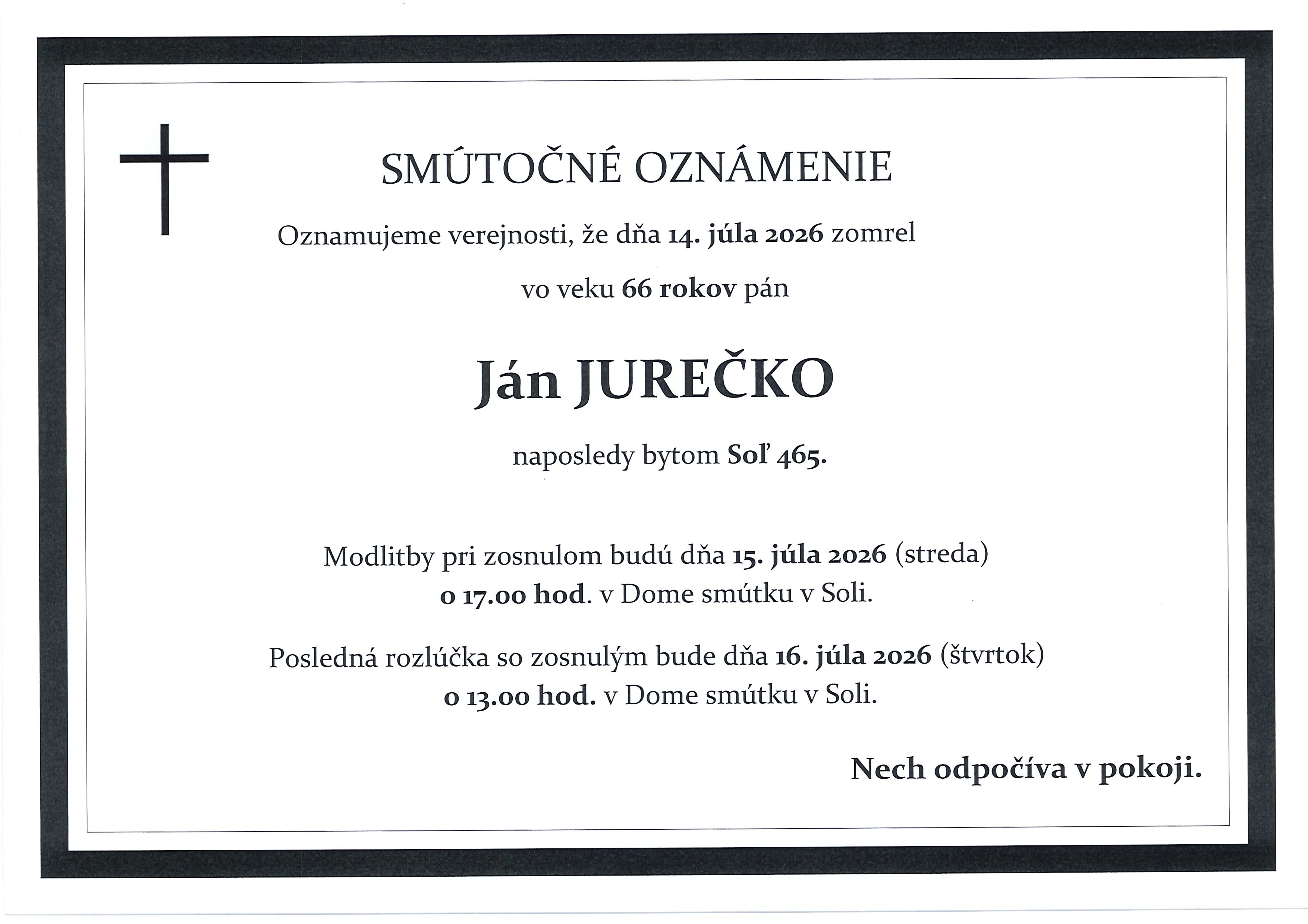 Plagát smútočné oznámenie