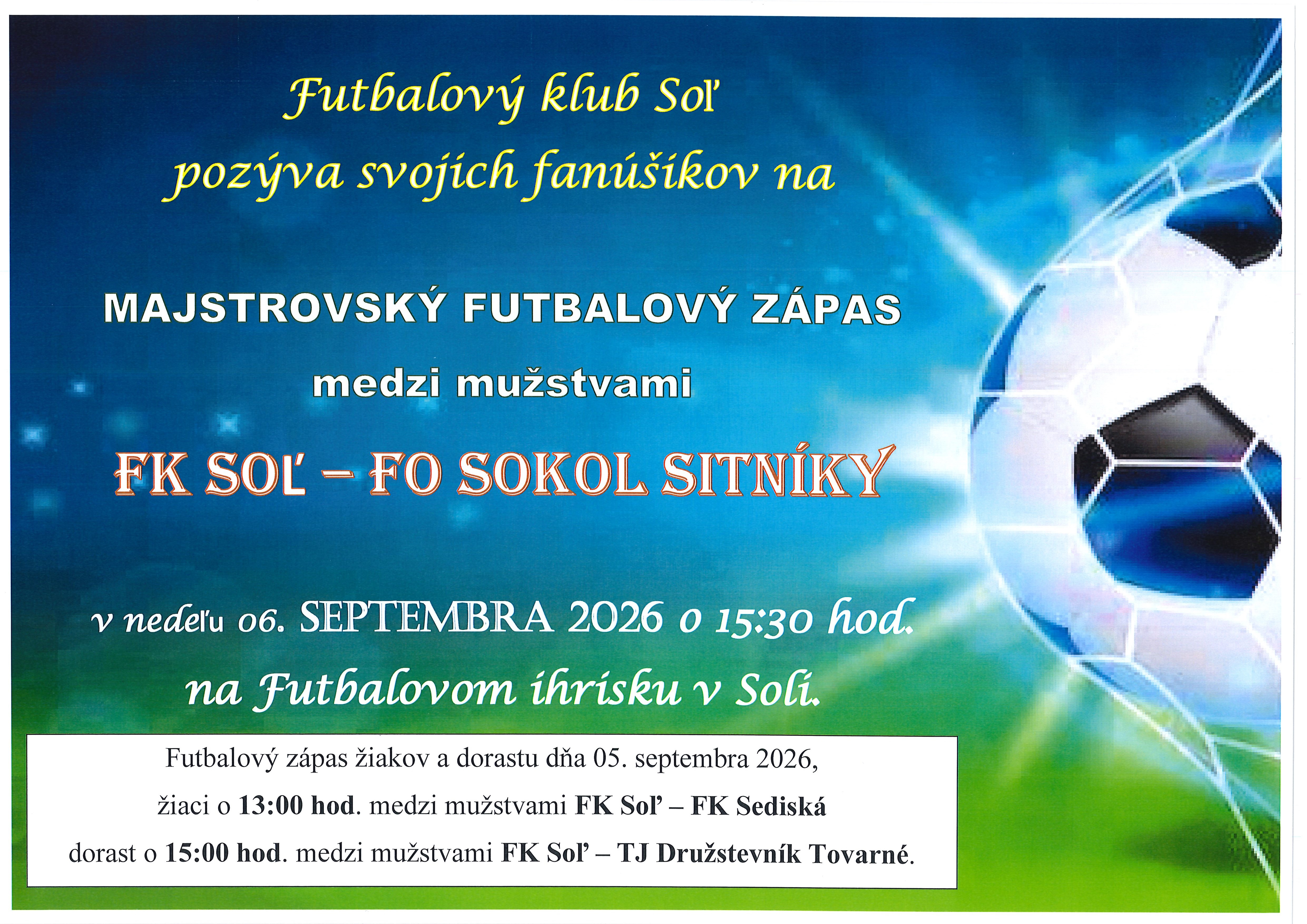 Plagát pozvánka na majstrovský futbalový zápas