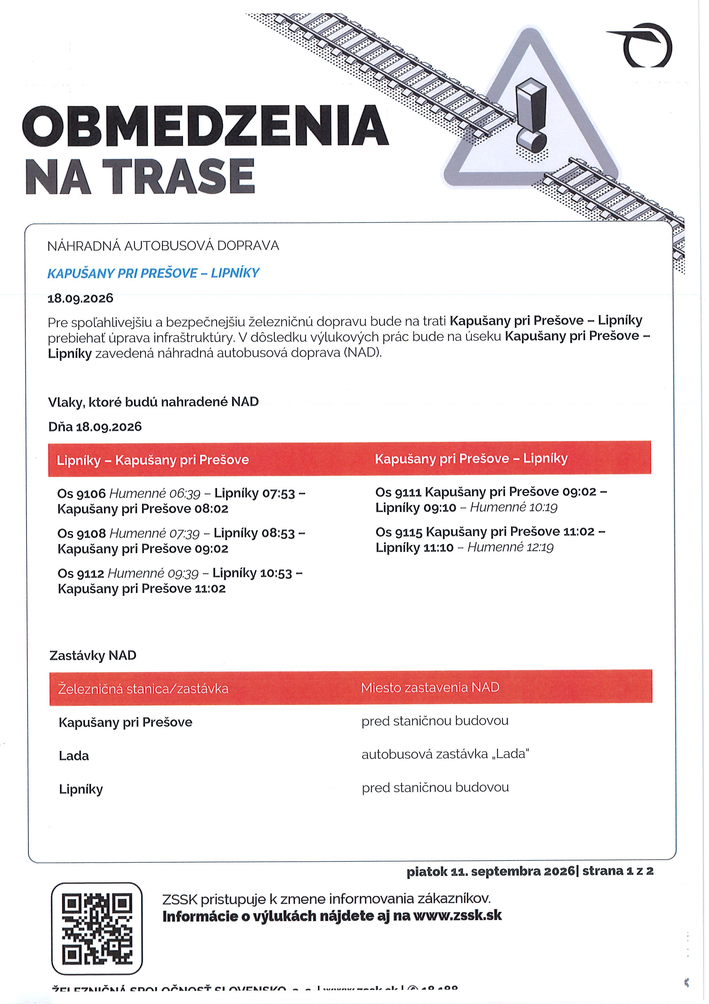 Plagát oznam o výluke na trati Kapušany pri Prešove - Lipníky