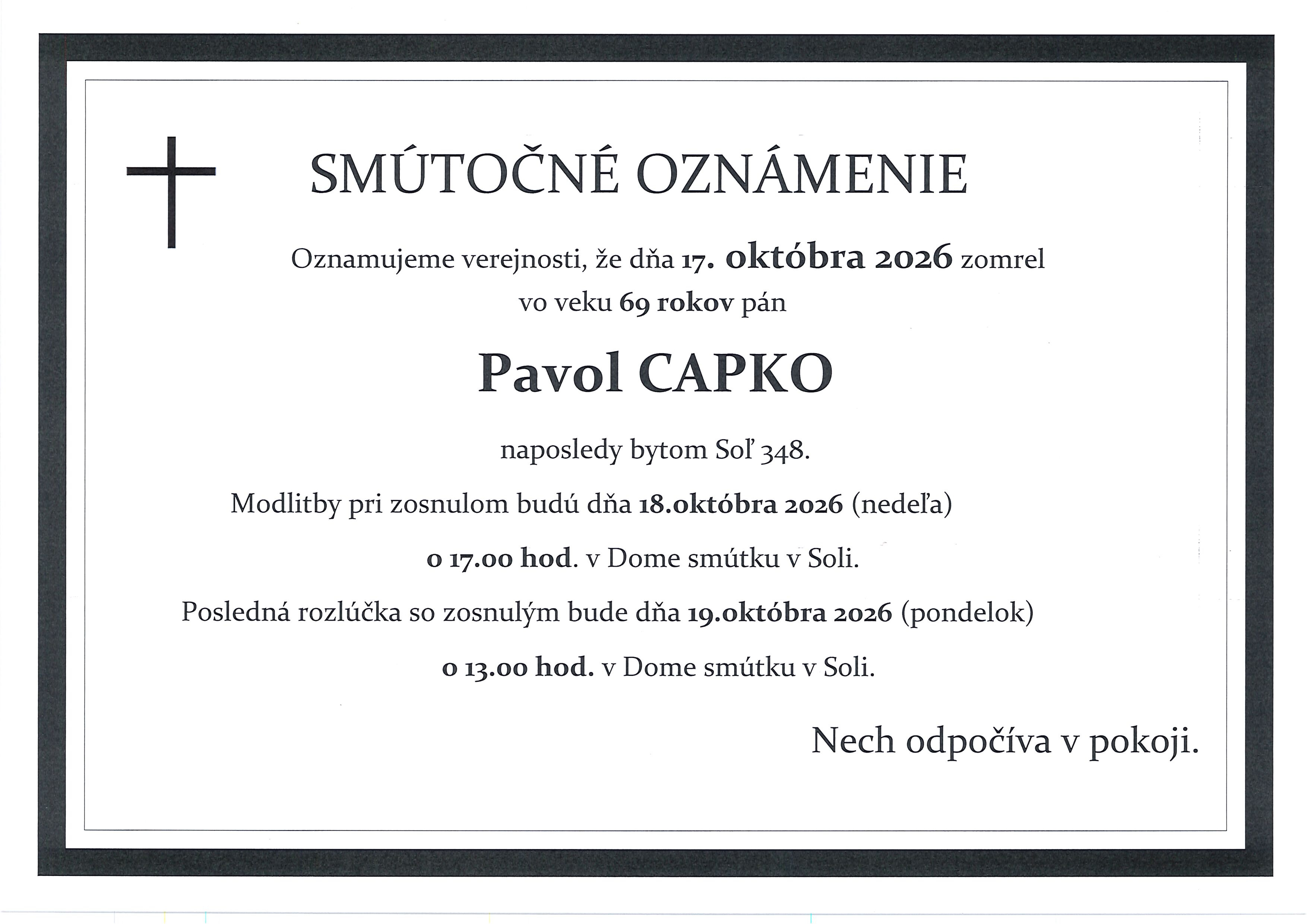 Plagát smútočné oznámenie