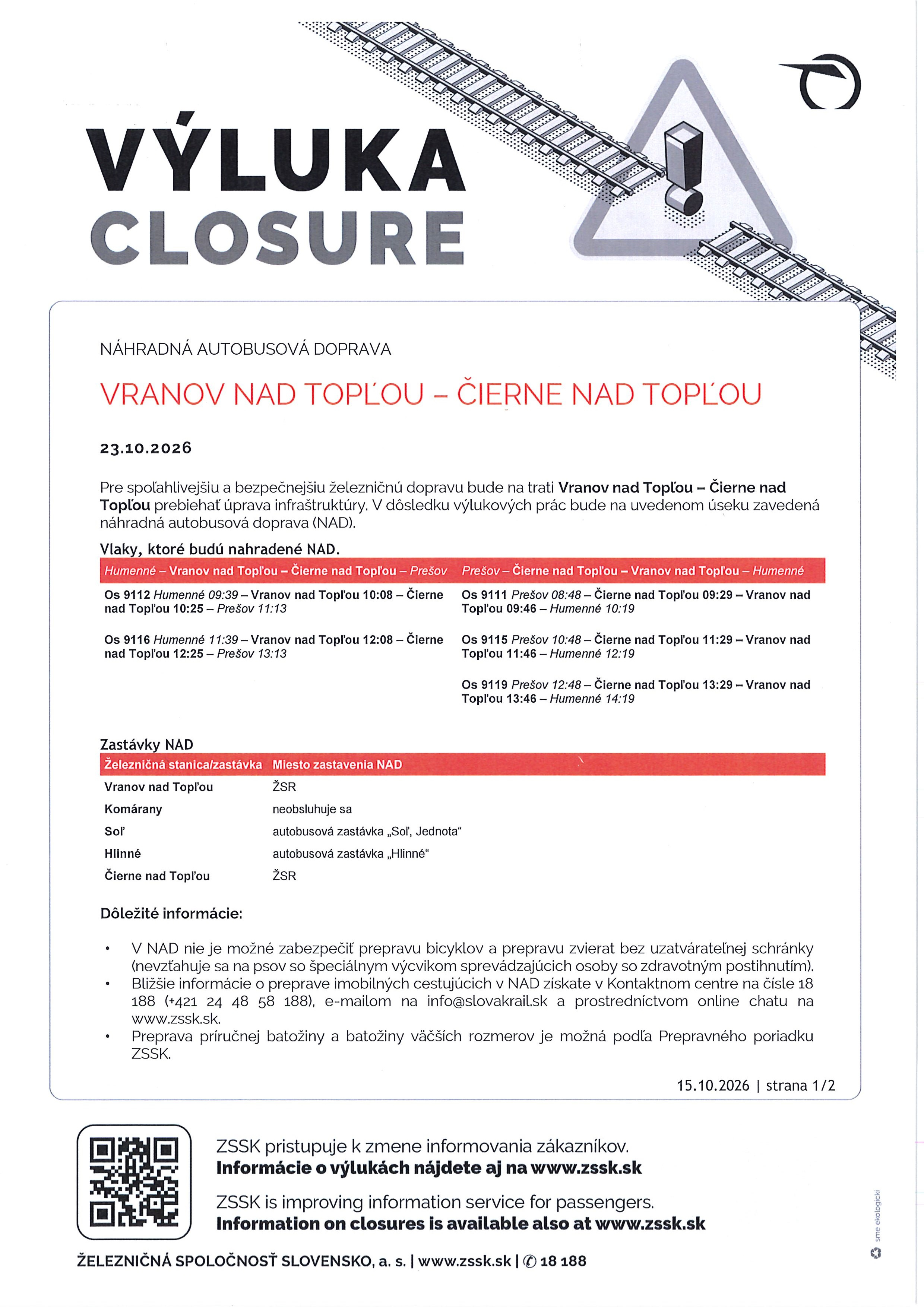 Plagát výluka na trati Vranov n. T. - Čierne n. T.