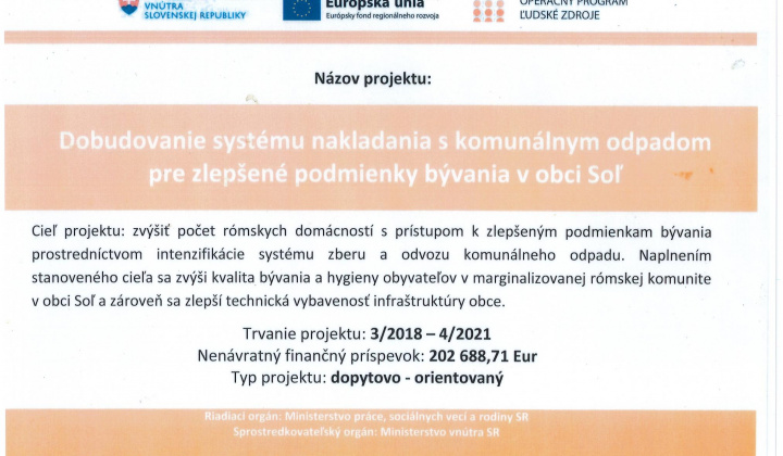 Fotka - Dobudovanie systému nakladania s komunálnym odpadom pre zlepšené podmienky bývania v obci Soľ 2018 - 2021