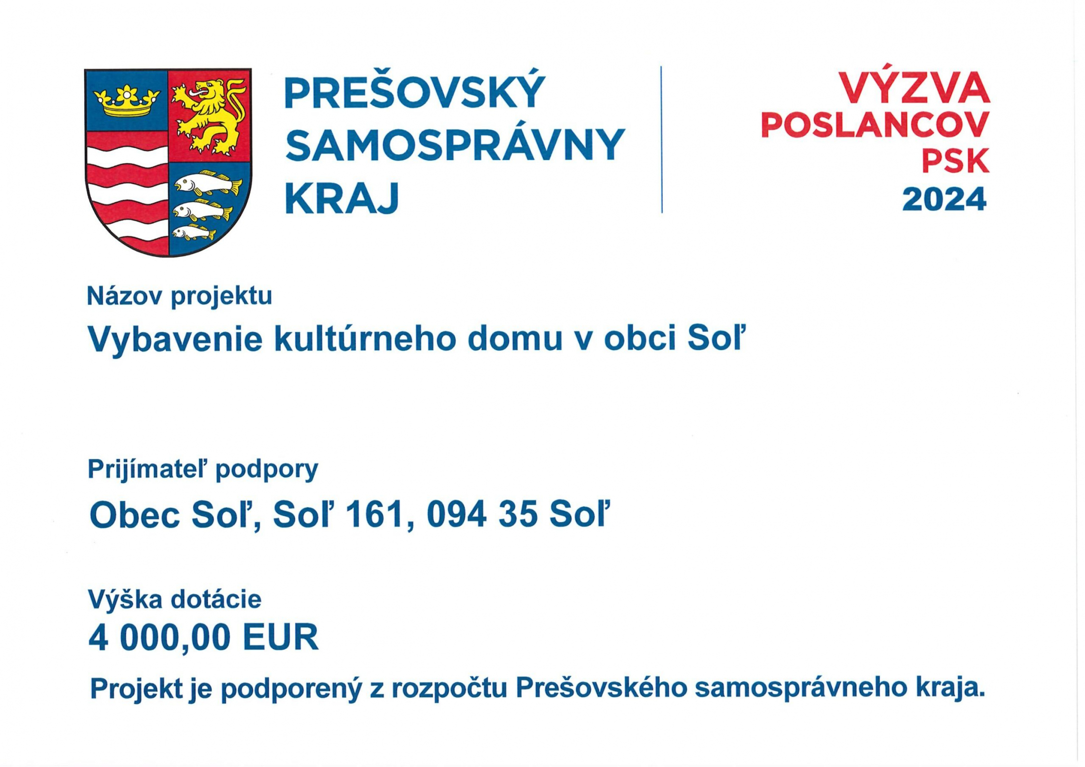 Fotka - Vybavenie kultúrneho domu v obci Soľ 2024