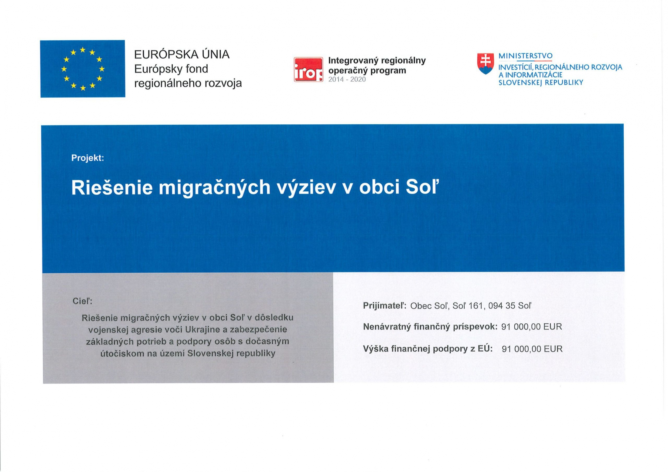 Fotka - Riešenie migračných výziev v obci Soľ projekt ukončený